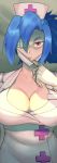 1girl blue_hair breasts cleavage eyepatch gloves half-closed_eyes hat large_breasts looking_at_viewer nurse nurse_cap parted_lips ponytail red_eyes scar skullgirls surgical_mask valentine_(skullgirls)