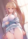  1girl bangs bare_shoulders blonde_hair blue_eyes blurry blurry_background breasts fate/grand_order fate_(series) jacket jeanne_d&#039;arc_(alter)_(swimsuit_berserker) jeanne_d&#039;arc_(fate)_(all) large_breasts long_hair long_sleeves looking_at_viewer off_shoulder one-piece_swimsuit smile swimsuit thighs track_jacket very_long_hair zipper zipper_pull_tab 