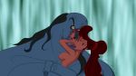 1boy 1girl breasts centaur disney female_human held_in_hand hercules long_hair looking_at_viewer megara nessus nude sideboob size_difference smaller_female