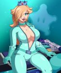 1girl belt blonde_hair blue_bodysuit blue_eyes blue_gloves bodysuit breasts cleavage dpsiko earrings female female_only gloves hair_over_one_eye jewelry large_breasts lips mario_kart motorcycle mrdeepay open_mouth princess_rosalina scarf signature sitting smile solo super_mario_bros. thighs