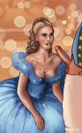  1boy 1girl after_oral blonde_hair blue_dress breasts cinderella clothed cum cum_on_breasts cum_on_chin cum_on_face cum_on_lips disney dress erection female_human male_human penis prince_charming princess_cinderella sassafras 