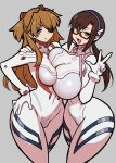 2_girls annoyed asuka_langley_souryuu bedroom_eyes blue_eyes bodysuit brown_hair eyepatch female_only glasses green_eyes large_breasts large_filesize lesbian makinami_mari_illustrious neon_genesis_evangelion plugsuit sexy sexy_ass sexy_body sexy_breasts take_your_pick twin_tails v yuri