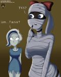  2_girls aged_up alcasar-reich bandages big_breasts black_skin blue_dress blue_eyes blue_skin bow breasts dialogue dress female_only finger_to_mouth ghost ghoul_school looking_at_another mummy phantasma_phantom ponytail red_bow short_hair smile tanis_mummy thighs white_hair wide_hips 