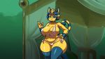  1girl animal_crossing animal_ears ankha ankha_(animal_crossing) anthro bikini blue_hair breasts cameltoe cat_ears cat_tail egyptian fabianoferreira feline fur furry half-closed_eyes huge_breasts navel short_hair side-tie_bikini tail thick_thighs thighhighs thighs wide_hips yellow_fur 