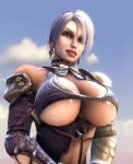 1girl 3d animated armor bouncing_breasts cleavage earrings eyeshadow huge_breasts isabella_valentine ivy_valentine lips lipstick looking_at_viewer loop makeup revealing_clothes short_hair silver_hair smile soul_calibur underboob upper_body webm