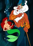 1boy 1girl blue_eyes breasts disney edit female king_triton kuplo_(artist) long_hair male mermaid navel nude princess_ariel red_hair the_little_mermaid trident underwater