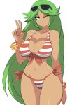 1girl 1girl beautiful big_breasts bigdead bikini bracelet breasts cleavage dark_skin fuckable green_eyes green_hair high_res hot insanely_hot jewelry kid_icarus long_hair midriff milf navel nice_body nintendo palutena sexy smile sunglasses sunglasses_on_head super_smash_bros. swimsuit tan very_long_hair white_background wink