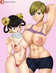 2_girls :o big_breasts bikini breast_press huge_breasts lin_lin_(one-punch_man) muscular_female nipples one-punch_man red_bikini tanktop_girl_(one-punch_man) topless_(female) ttrop