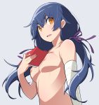 1girl 1girl bandaged_arm bandages blue_hair book high_resolution kanbaru_suruga monogatari_(series) nipples nude orange_eyes yamanami_kousuke