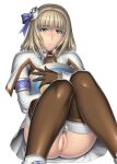 alluring blonde_hair censored cyan_eyes kansuke no_panties pussy pyrrha_alexandra soul_calibur soul_calibur_v upskirt