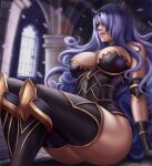  1girl alluring ass big_breasts black_armor boots camilla_(fire_emblem) commission fire_emblem fire_emblem_fates flowerxl hair_over_one_eye high_heel_boots high_heels lips long_hair milf nintendo purple_eyes purple_hair tiara very_long_hair wavy_hair 