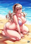 1girl alluring ass beach big_breasts bikini blonde_hair breasts butt_crack cleavage corrin_(fire_emblem) corrin_(fire_emblem)_(female) fire_emblem fire_emblem_fates fire_emblem_if fuckable hot insanely_hot jadenkaiba jadenkaiba_(artist) kamui_(fire_emblem_if) long_hair looking_at_viewer nintendo ocean open_mouth purple_eyes sexy sitting swimsuit