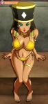  big_ass big_breasts bikini black_hair brown_skin dragon_ball_super egyptian egyptian_headdress foxybulma goddess gold_beads gold_bikini green_eyes headdress heles_(dbs) red_lipstick tanned_skin turquoise_eye_shadow 