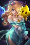  1_girl 1girl bare_shoulders blonde_hair blue_eyes breasts chiko_(mario) clothed crown dress earrings female female_human hair_over_one_eye high_res jewelry long_hair mario_(series) princess_rosalina rosalina royalty sakimichan small_breasts star_earrings super_mario_bros. wand 