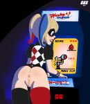  arcade_machine ass batman_(series) big_breasts blonde_hair clown clown_girl comic_book_character costume dc dc_comics dc_super_hero_girls_(2015) harleen_quinzel harley_quinn pale-skinned_female pussy red_lipstick white_body 