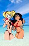 batman_(series) beach big_breasts bikini bikini_pull biting_lip bracers breasts come_hither dc dc_comics diana_prince facepaint harley_quinn hopethishelps looking_at_viewer nipple ocean pigtails tiara wonder_woman wonder_woman_(series)