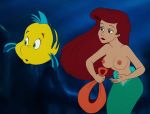 1boy 1girl blue_eyes breasts disney edit female fish flounder kuplo_(artist) long_hair mermaid navel nude princess_ariel red_hair the_little_mermaid underwater