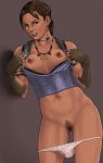 brown_hair dark-skinned_female dark_skin exposed_breasts fingerless_gloves medium_breasts necklace panties_down resident_evil resident_evil_5 sheva_alomar white_panties