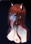  1girl 1girl 1girl animal_ears bare_shoulders bell bell_choker black_choker blue_eyes blush breasts brown_hair choker clavicle cropped_torso english_ eyebrows_visible_through_hair hair_between_eyes kemonomimi_mode long_hair looking_at_viewer makise_kurisu medium_breasts nekomimi nipples open_mouth sidelocks simple_background steins;gate tofuubear upper_body 