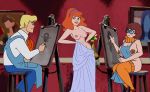 1boy 2_girls 2girls breasts brown_hair daphne_blake edit exposed_breasts freddy_jones glasses indoors no_bra partially_clothed red_hair scooby-doo stockings velma_dinkley