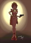 1girl breasts brown_hair crown dark-skinned_female earrings female_human female_only gun hairless_pussy looking_at_viewer medium_breasts no_bra no_panties no_underwear partially_clothed platform_footwear princess_daisy psicoero pussy super_mario_bros. unbuttoned weapon