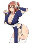 1girl arm_guards blush body_blush breasts brown_eyes brown_hair choker cleavage contrapposto cosplay dead_or_alive edit grin high_res honoka_(doa) huge_breasts kagemusha kasumi_(doa) kasumi_(doa)_(cosplay) leaning_forward looking_at_viewer no_bra no_panties obi one_side_up pelvic_curtain photoshop sash side_slit simple_background smile standing stockings underwear v white_background white_legwear white_panties