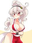 1girl 1girl alternate_hairstyle arms_under_breasts bare_shoulders big_breasts blush breasts can't_be_this_cute cleavage corrin_(fire_emblem) corrin_(fire_emblem)_(female) cosplay eromame fatal_fury fire_emblem fire_emblem_fates hair_between_eyes hair_ornament hairband japanese_clothes long_hair looking_at_viewer nintendo no_bra no_panties pelvic_curtain pointy_ears ponytail red_eyes revealing_clothes sash shiranui_mai shiranui_mai_(cosplay) silver_hair simple_background standing super_smash_bros. the_king_of_fighters