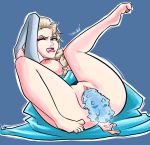 1girl barefoot breasts dildo dildo_in_vagina dress elsa elsa_(frozen) exposed_breasts female female_only frozen_(movie) ice_dildo no_panties one_eye_closed partially_clothed solo upskirt vaginal vaginal_insertion vaginal_object_insertion