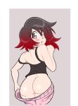 1girl ass back bare_shoulders black_hair black_shirt eyebrows_visible_through_hair gradient_hair high_resolution looking_at_viewer looking_back mooning multicolored_hair nopan pajamas pants red_hair ruby_rose rwby shirt short_hair silver_eyes tank_top twin-drills