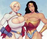 1girl 2_girls abs breast_press breasts cleavage dc_comics devil_hs diana_prince female_only huge_breasts kara_zor-l karen_starr leotard looking_at_viewer muscle muscular muscular_female power_girl thick_thighs wide_hips wonder_woman wonder_woman_(series)