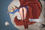 1girl ass blonde_hair blue_skirt boots cape closed_eyes clothed comics dc_comics female female_only high_heel_boots leadpoisonart panties red_cape red_panties skirt solo supergirl upskirt