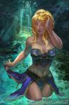 1girl 1girl bare_arms bare_shoulders bathing big_breasts bikini blonde_hair breasts cleavage closed_eyes closed_mouth collarbone corset fantasy forest glowing glowing_hair jaina_proudmoore judash137 legs lips long_hair magic midriff muscle nature navel outside partially pink_skin submerged swimsuit thighs toned underwear waist warcraft wide_hips world_of_warcraft