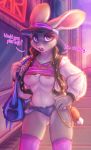 1girl 1girl 2019 4_fingers absurd_res anthro areola breasts clothed clothing dimwitdog disney english_text eyelashes fingers fur furry grey_body grey_fur high_res judy_hopps lagomorph leporid mammal nipples open_mouth purple_eyes rabbit skimpy text thong underwear zootopia