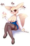  1girl aggressive aggressive_retsuko anthro blush breasts canid canine clothing fennec fenneko fox furry holding_object holding_phone legwear mammal nipples phone sanrio simple_background 