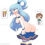  ! !? ... 1:1_aspect_ratio 1boy 1girl 1girl ? aqua_(konosuba) ass back blue_eyes blue_hair blue_skirt blush boots breasts brown_hair detached_sleeves high_resolution inconvenient_ass kono_subarashii_sekai_ni_shukufuku_wo! long_hair male medium_breasts nipples nude sataen satou_kazuma skirt spoken_ellipsis stockings sweat thigh_high_boots very_high_resolution white_background 