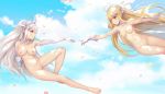 2_girls 2girls ahoge armpits bare_shoulders blonde blue_sky breasts cleavage cloud elbow_gloves feet fine_art_parody gloves heart_ahoge high_resolution legs long_hair midair multiple_girls niliu_chahui nipples nude original outstretched_arms parody petals pussy red_eyes silver_hair sky smile the_creation_of_adam tokisaki_asaba tokisaki_mio uncensored underwear veil very_high_resolution very_long_hair white_gloves