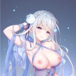 1:1_aspect_ratio 1girl 1girl 1girl alternative_costume areola arm_behind_head armpits bangs bare_arms bare_shoulders big_breasts blue_background blunt_bangs blush bracelet braid breasts breasts_out_of_clothes bright_pupils clavicle cleavage closed_mouth criss-cross_halter crown_braid elf emilia_(re:zero) exposed_breasts eyebrows_visible_through_hair female_only flower flower_hair_ornament frown gradient gradient_background hair_flower hair_ornament hair_ribbon halter_dress halter_top halterneck hand_in_hair head_tilt jewelry kl501 long_hair looking_at_viewer nipples one_arm_up pointed_ears purple_eyes purple_ribbon re:zero_kara_hajimeru_isekai_seikatsu ribbon silver_hair tied_hair upper_body very_long_hair white_flower