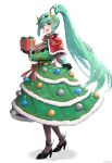  1girl absurd_res alluring big_breasts box breasts christmas christmas_ornaments christmas_tree_costume core_crystal_(xenoblade) dress gift gift_box gonzarez green_eyes green_hair hair_ornament high_heels high_ponytail high_res holding holding_gift nintendo pantyhose pneuma_(xenoblade) ponytail smile xenoblade_(series) xenoblade_chronicles_2 