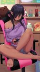  1girl 1girl alternate_costume barefoot big_breasts black_hair breasts casual chair collarbone contemporary controller dark_elf dark_skin elf game_controller hair_over_one_eye high_res holding_controller indoors kuroinu_~kedakaki_seijo_wa_hakudaku_ni_somaru~ long_hair long_pointy_ears long_sleeves off-shoulder_sweater off_shoulder origa_discordia pointy_ears purple_sweater sitting sweater wuguno_ziran_juan yellow_eyes 