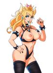  1girl 1girl ambiguous_background areola blonde bowsette breasts female_only horns looking_at_viewer nipples stockings super_mario_bros. superboin 