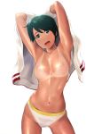  1girl 1girl 1girl armpits arms_up bangs blush breasts clavicle green_eyes green_hair hair_between_eyes kantai_collection looking_at_viewer medium_breasts mogami_(kantai_collection) navel nipples open_clothes open_mouth open_shirt shirt shirt_removed short_hair simple_background smile swept_bangs tan_line tanned topless wa_(genryusui) white_background white_bikini_bottom white_shirt 