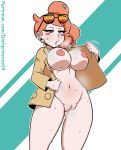 1girl 2019 5_fingers alternate_breast_size big_breasts blush clothed clothing darkprincess04 earrings erect_nipples eyebrows_visible_through_hair eyelashes female_only glasses hair heavy_breathing huge_breasts human human_only jacket looking_down nintendo nipples nude orange_hair pokemon pokemon_ss pussy simple_background sonia_(pokemon) steam sunglasses sweat text thick thick_thighs vagina video_games wide_hips