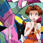  1boy 1girl alolan_muk alolan_pokemon bracelet clothed delia_ketchum dress female female_human gomatarou hanako_(pokemon) looking_at_penis male_pokemon milf penis pokemon standing 