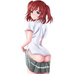 1:1_aspect_ratio 1girl ass blue_eyes blush breasts breasts_out_of_clothes high_resolution kurosawa_ruby looking_at_viewer looking_back love_live!_(series) love_live!_sunshine!! nipples no_bra nopan red_hair school_uniform shirt skirt small_breasts smile tied_hair twin_tails undressing white_background white_shirt