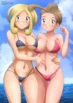 2girls alexa_(pokemon) big_breasts bikini brown_hair creatures_(company) dark_green_eyes game_freak green_eyes gym_leader huge_breasts humans_of_pokemon looking_at_viewer nintendo outdoor outside pansy_(pokemon) pokemon pokemon_(anime) pokemon_(game) pokemon_xy porkyman sandy_blonde_hair sexy standing thigh_gap viola_(pokemon) voluptuous zel-sama