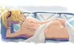 1girl 1girl ass back bangs bare_ass bed_sheet blonde blush braid breasts fate/apocrypha fate_(series) french_braid green_eyes hair_ornament hair_scrunchie high_resolution long_hair looking_at_viewer lying mordred_(fate) nude on_side parted_bangs parted_lips pillow ponytail red_hair_ornament red_scrunchie scrunchie sidelocks small_breasts smile tied_hair tonee