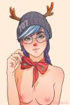  1girl antlers beanie blue_hair blush bow breasts christmas dokkaebi_(rainbow_six) glasses grace_nam gradient_hair hat high_resolution medium_breasts multicolored_hair rainbow_six_siege red_nose reindeer_antlers simple_background 