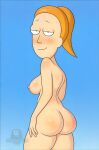  1girl adult_swim ai_generated ass bedroom big_ass big_breasts blush breasts bubble_butt dat_ass female grin halfaslime looking_at_viewer looking_back nipples nude rear_view rick_and_morty sideboob simple_background smile solo summer_smith twitter 