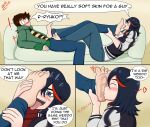  barefoot black_hair blue_eyes blush foot_fetish foot_licking foot_on_crotch foot_worship kill_la_kill kissing licking male_feet matoi_ryuuko sofa sole toes tongue_out vandiward 