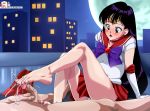  1boy 1girl bishoujo_senshi_sailor_moon blush choker clothed_female_nude_male cum cum_on_foot earrings elbow_gloves erection footjob gloves high_heels high_heels_removed hino_rei legs long_hair male/female outdoor outside painted_toenails panties penis rankerhen red_high_heels red_skirt rei_hino sailor_moon serafuku skirt tiara upskirt white_panties 